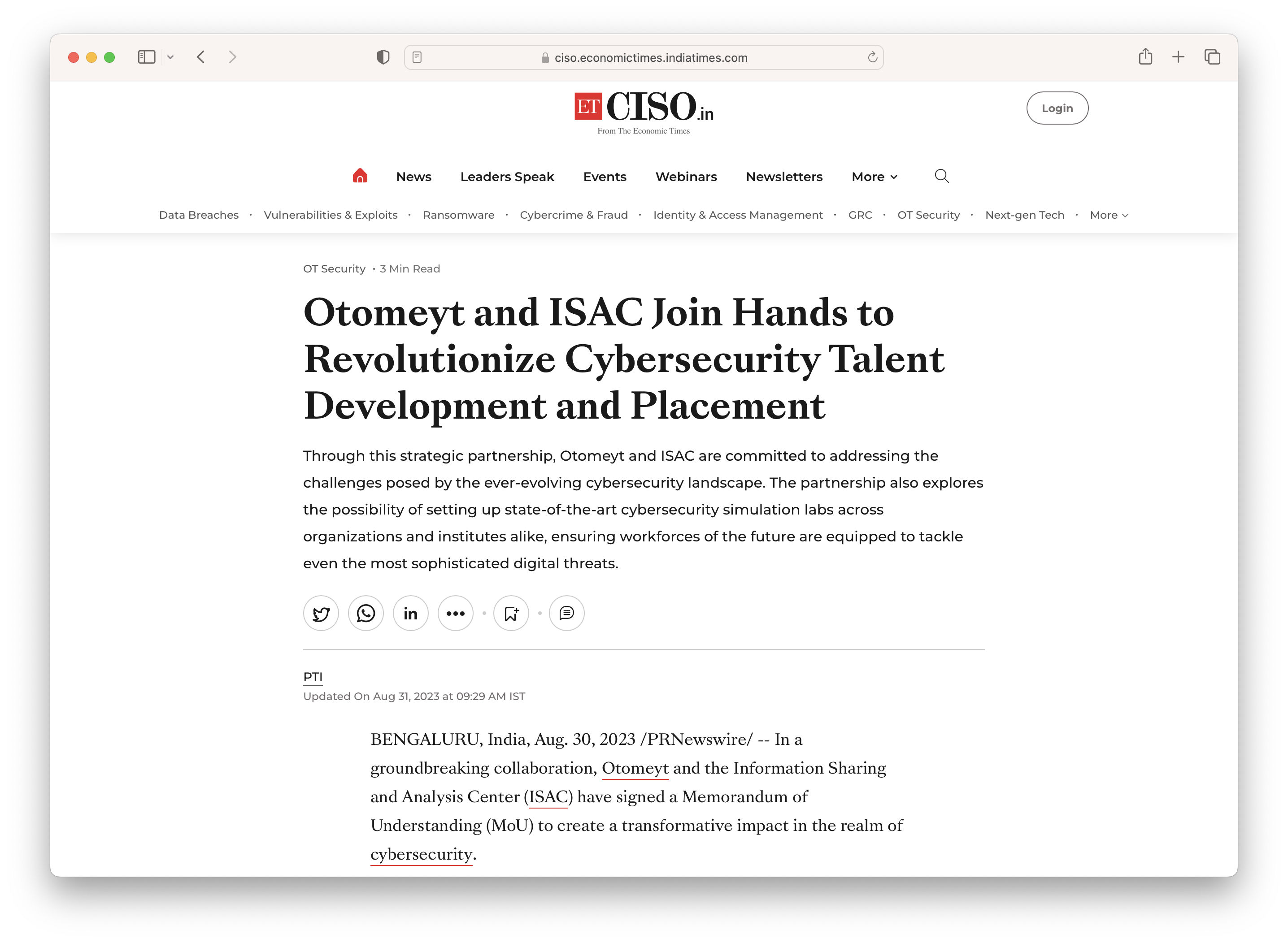 Otomeyt and ISAC Join Hands to Revolutionize Cybersecurity Talent Development and Placement